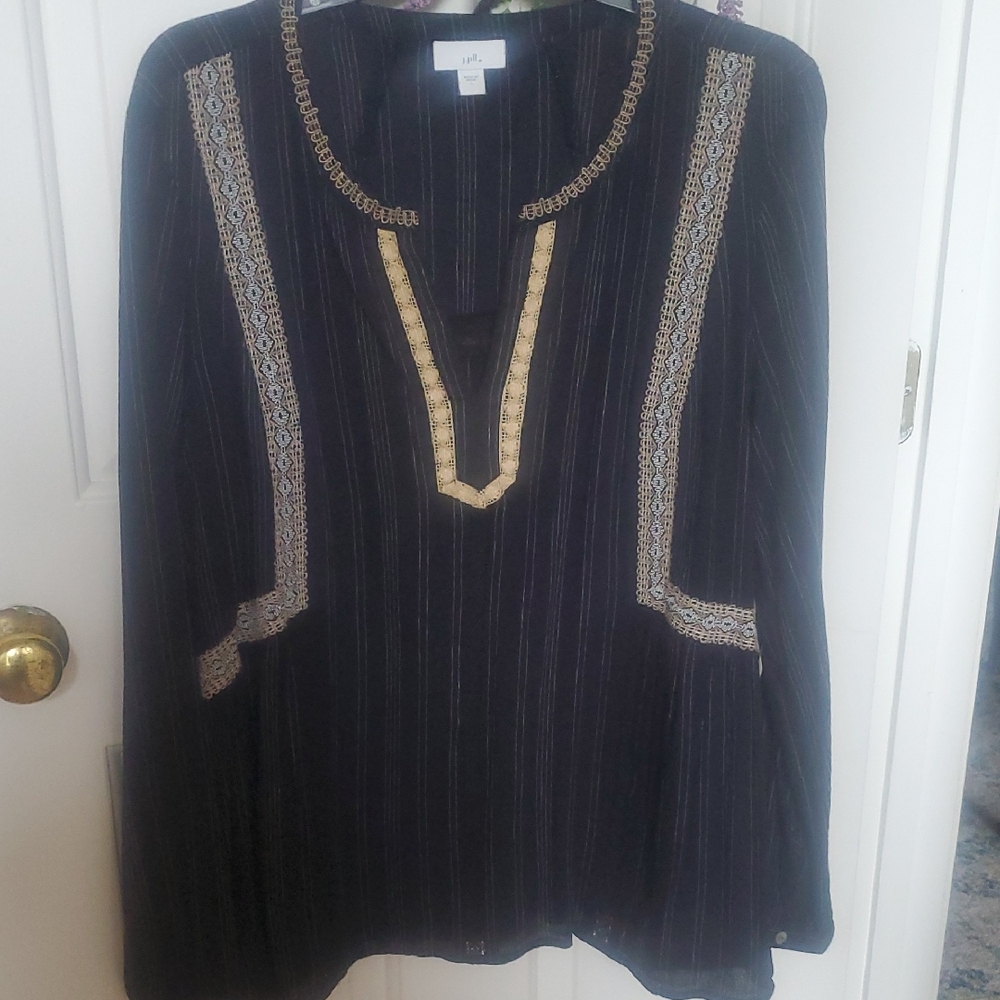 J. Jill Black and Gold Tunic with 3/4 Sleeves and Pleated Embellishments